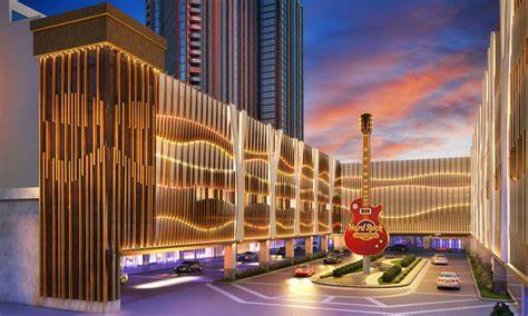 Hotel buildings surrounding a guitar statue